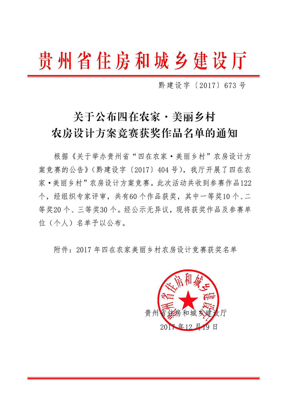 2017年贵州省住房和城乡建设厅主办的2017年《贵州省“四在农家·美丽乡村”农房设计方案竞赛》，获得一等奖1个（镇宁县高荡村新村建设项目），三等奖3个（镇宁县简噶乡磨上村易地扶贫搬迁项目、镇宁县扁担山镇麻元村易地扶贫搬迁建设项目、西秀区大西桥镇九溪村新村建设项目）。